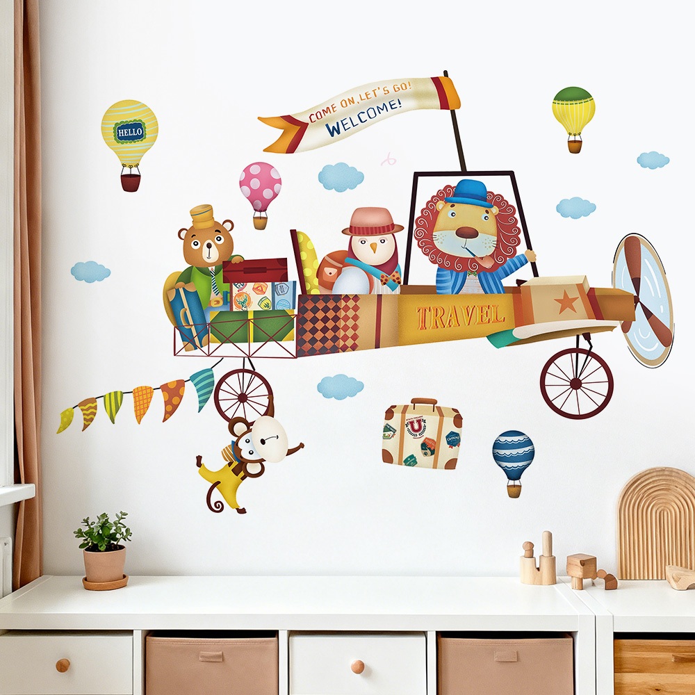 Decal Dán Tường Máy Bay Chở Động Vật Có Keo Sẵn 100x72cm - Trang Trí Dán Tường Phòng Bé