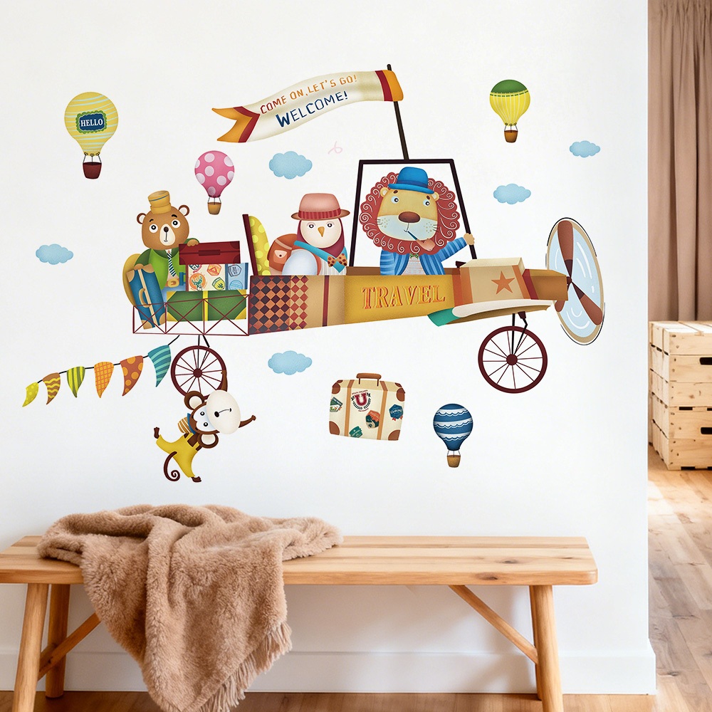 Decal Dán Tường Máy Bay Chở Động Vật Có Keo Sẵn 100x72cm - Trang Trí Dán Tường Phòng Bé