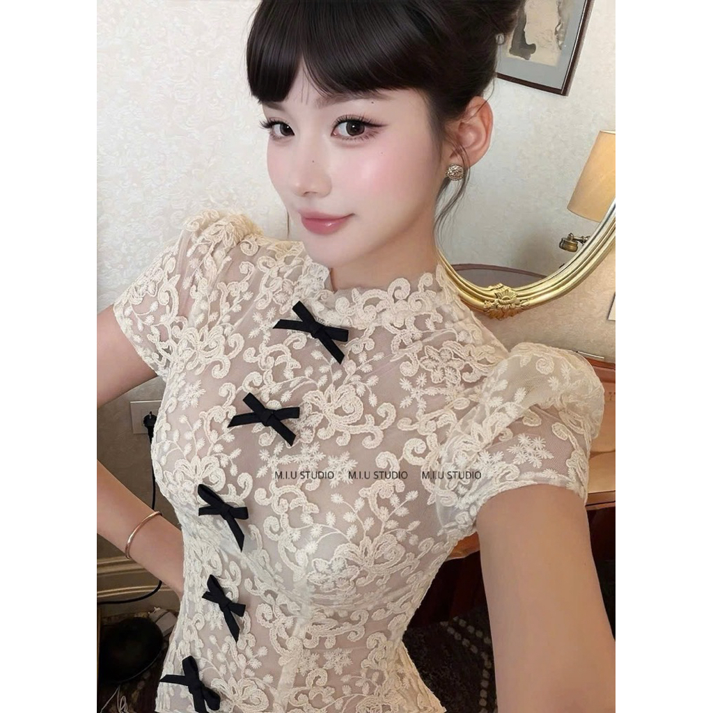 MIU.STUDIO • Đầm nữ cổ bèo đính nơ thiết kế dáng A sang chảnh , Váy dạ tiệc ren hoa cộc tay chiết eo tôn dáng, 1 màu