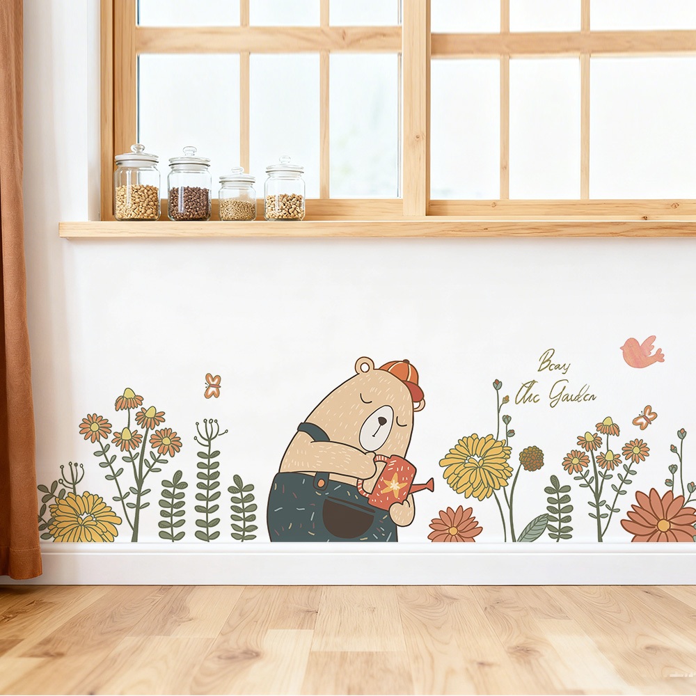 Decal Dán Tường Chủ Đề Hình Gấu Tưới Hoa Có Keo Sẵn 178x48cm - Trang Trí Phòng Ngủ Cho Bé