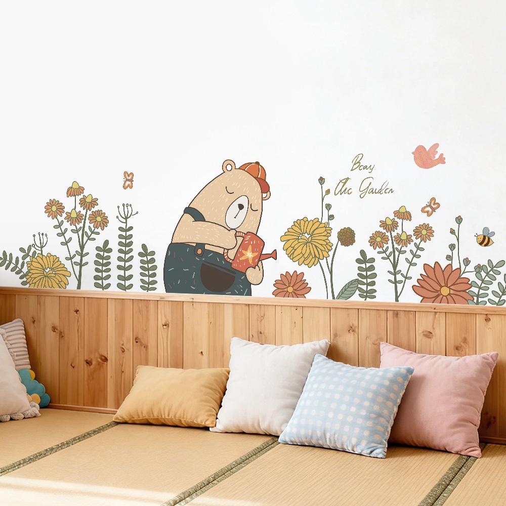Decal Dán Tường Chủ Đề Hình Gấu Tưới Hoa Có Keo Sẵn 178x48cm - Trang Trí Phòng Ngủ Cho Bé