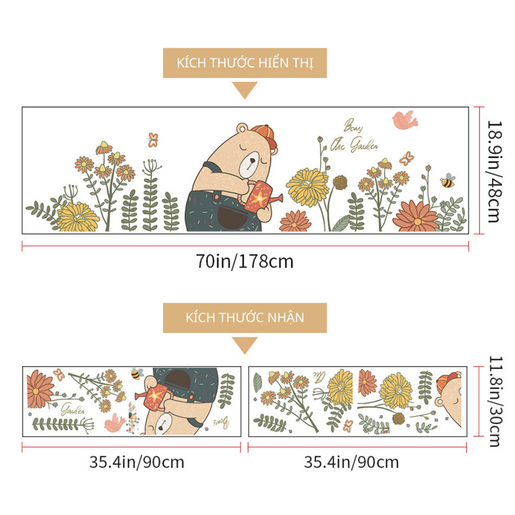 Decal Dán Tường Chủ Đề Hình Gấu Tưới Hoa Có Keo Sẵn 178x48cm - Trang Trí Phòng Ngủ Cho Bé