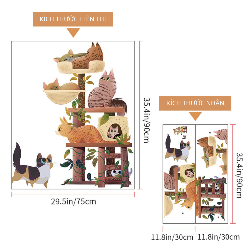 Decal Dán Tường Cây Mèo Dễ Thương Có Keo Sẵn 75x90cm - Trang Trí Phòng Ngủ