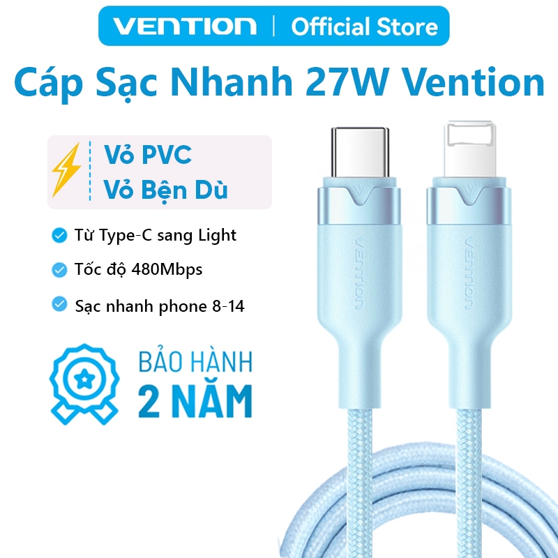 Cáp Sạc Nhanh PD Vention 27W Từ Type C Sang Light, Vỏ Bọc Dù Chống Đứt Gãy, Dùng Cho Phone 8-14