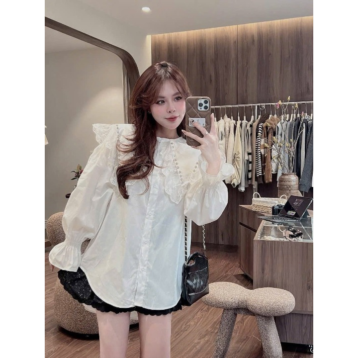 Áo Blouse Trắng Tay Bồng Phối Ren Vintage mix Chân Váy Đen Xếp Tầng Ngắn Nữ Style Hàn Quốc Dễ Thương HCOM26968