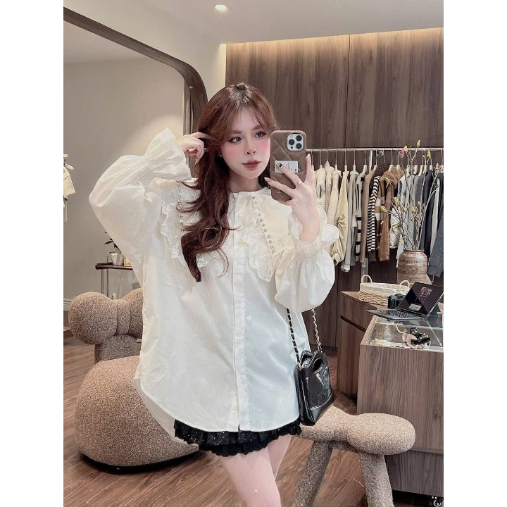 Áo Blouse Trắng Tay Bồng Phối Ren Vintage mix Chân Váy Đen Xếp Tầng Ngắn Nữ Style Hàn Quốc Dễ Thương HCOM26968