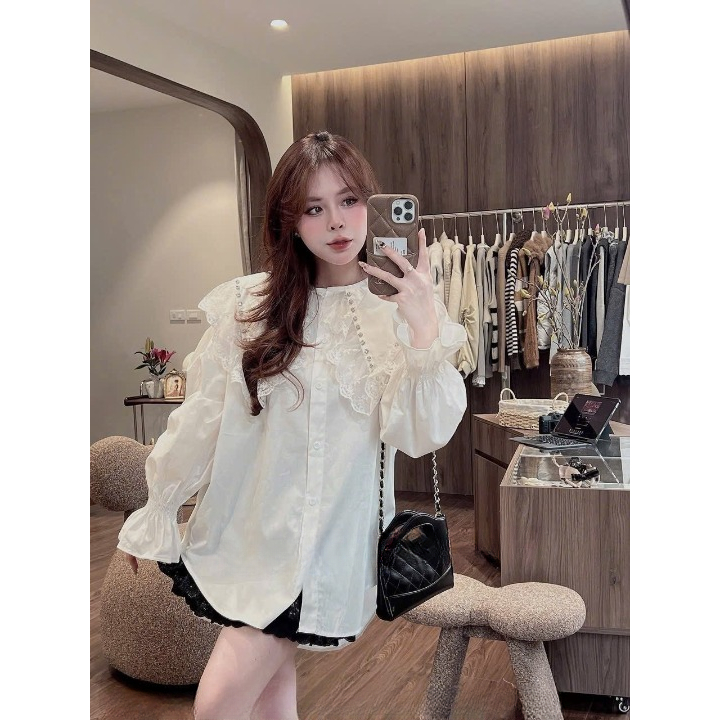 Áo Blouse Trắng Tay Bồng Phối Ren Vintage mix Chân Váy Đen Xếp Tầng Ngắn Nữ Style Hàn Quốc Dễ Thương HCOM26968