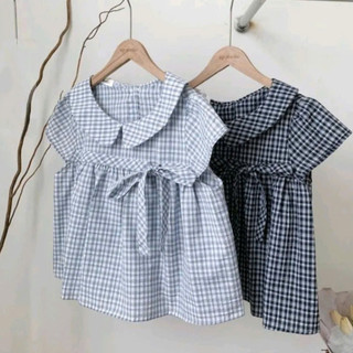 Áo Sơ Mi Babydoll Cổ Sen Kẻ Sọc Caro Tay Ngắn Phối Nơ Ngực Siêu Dễ thương