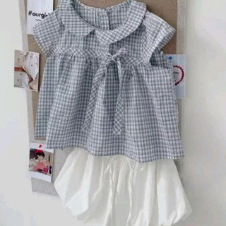 Áo Sơ Mi Babydoll Cổ Sen Kẻ Sọc Caro Tay Ngắn Phối Nơ Ngực Siêu Dễ thương