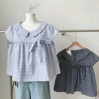 Áo Sơ Mi Babydoll Cổ Sen Kẻ Sọc Caro Tay Ngắn Phối Nơ Ngực Siêu Dễ thương