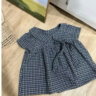 Áo Sơ Mi Babydoll Cổ Sen Kẻ Sọc Caro Tay Ngắn Phối Nơ Ngực Siêu Dễ thương