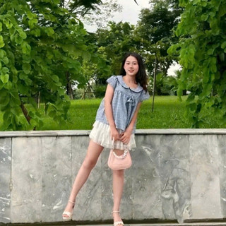 Áo Sơ Mi Babydoll Cổ Sen Kẻ Sọc Caro Tay Ngắn Phối Nơ Ngực Siêu Dễ thương