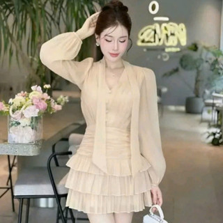 Váy Dự Tiệc  Tơ Óng Vân Hàn Quốc Chân Váy Tầng Xếp Ly Chiết Eo
