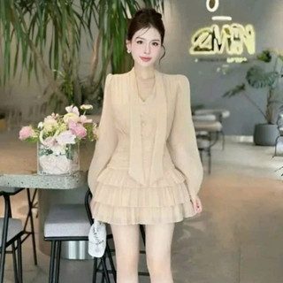 Váy Dự Tiệc  Tơ Óng Vân Hàn Quốc Chân Váy Tầng Xếp Ly Chiết Eo