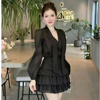 Váy Dự Tiệc  Tơ Óng Vân Hàn Quốc Chân Váy Tầng Xếp Ly Chiết Eo
