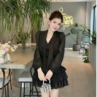 Váy Dự Tiệc  Tơ Óng Vân Hàn Quốc Chân Váy Tầng Xếp Ly Chiết Eo