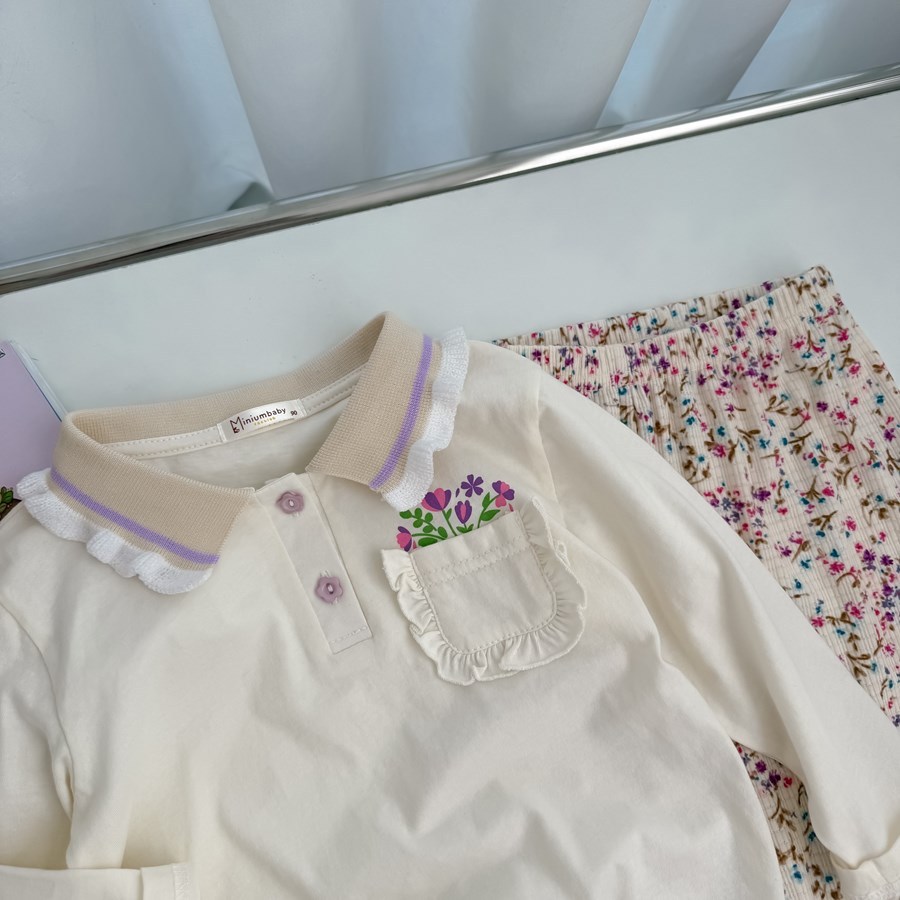 Set bộ polo dài tay bé gái Miniumbaby cổ bèo túi in hoa mix quần dáng suông, chất cotton mềm SB2524