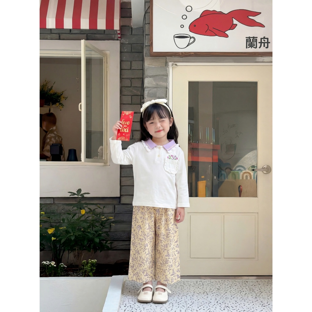 Set bộ polo dài tay bé gái Miniumbaby cổ bèo túi in hoa mix quần dáng suông, chất cotton mềm SB2524