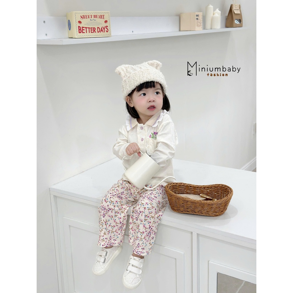Set bộ polo dài tay bé gái Miniumbaby cổ bèo túi in hoa mix quần dáng suông, chất cotton mềm SB2524