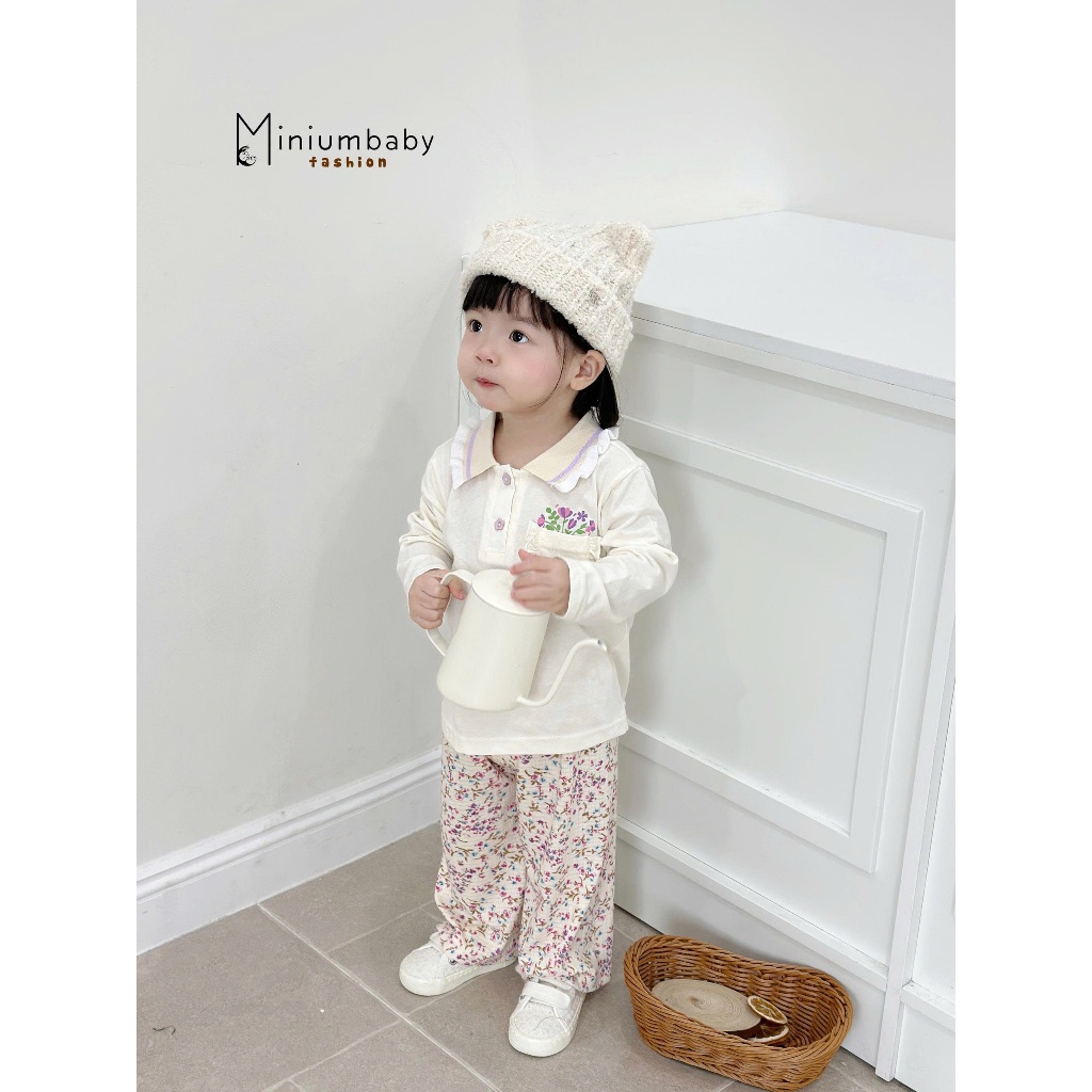 Set bộ polo dài tay bé gái Miniumbaby cổ bèo túi in hoa mix quần dáng suông, chất cotton mềm SB2524