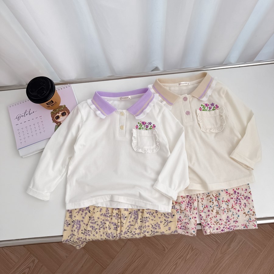 Set bộ polo dài tay bé gái Miniumbaby cổ bèo túi in hoa mix quần dáng suông, chất cotton mềm SB2524