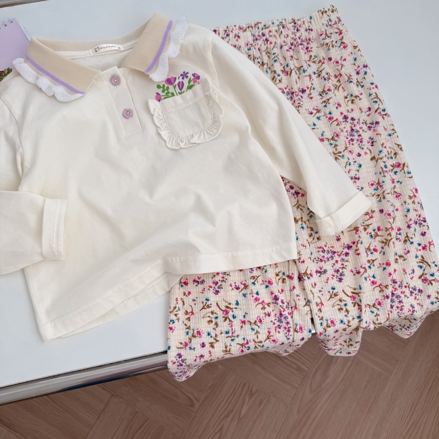 Set bộ polo dài tay bé gái Miniumbaby cổ bèo túi in hoa mix quần dáng suông, chất cotton mềm SB2524