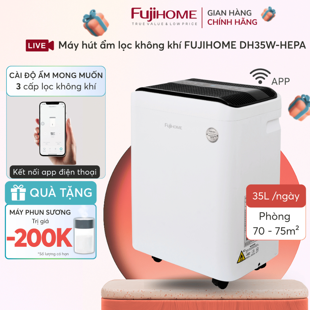 Máy hút ẩm dân dụng cao cấp FUJIHOME DH35W-HEPA, máy hút ẩm sấy quần áo lọc bụi mịn đa năng