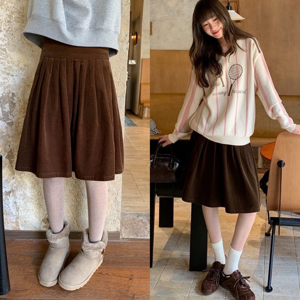 (sẵn)Chân váy nhung tăm xoè dáng dài qua gối màu nâu tây xếp ly CV020 - Tiktik
