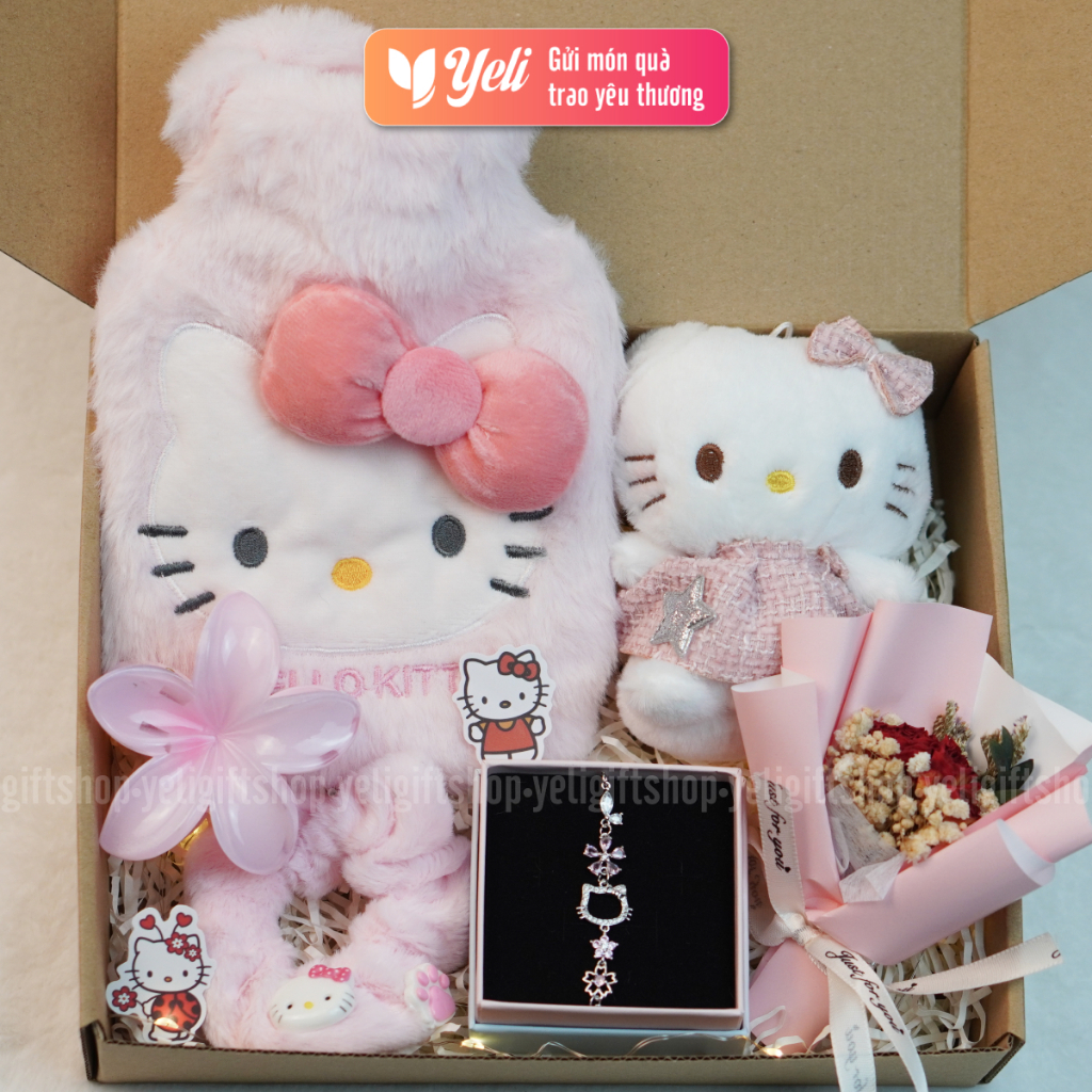 Set Túi Chườm Hello Kitty Kèm Phụ Kiện Xinh Xắn Tặng Bạn Gái, Người Yêu Các Dịp Lễ 14/2, 8/3, Hộp Quà Hello Kitty Yeli