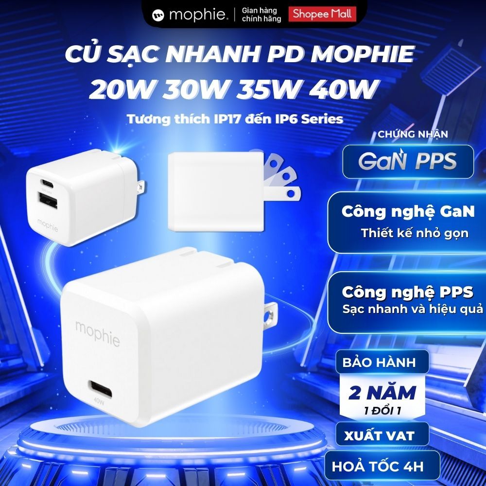 Củ sạc nhanh PD Mophie 20W 30W 35W 40W 45W 70W Công nghệ GaN tương thích iP17 đến iP6 Series/ Samsung - Bảo hành 2 năm