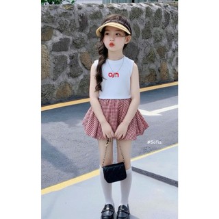 [B&G] Sét váy áo croptop kèm chân váy kẻ bồng đỏ cho bé gái dễ thương từ 10-45kg
