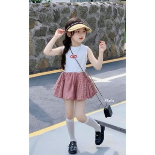[B&G] Sét váy áo croptop kèm chân váy kẻ bồng đỏ cho bé gái dễ thương từ 10-45kg
