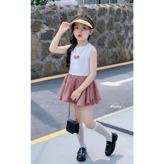 [B&G] Sét váy áo croptop kèm chân váy kẻ bồng đỏ cho bé gái dễ thương từ 10-45kg