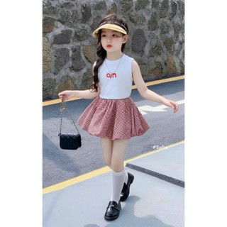 [B&G] Sét váy áo croptop kèm chân váy kẻ bồng đỏ cho bé gái dễ thương từ 10-45kg