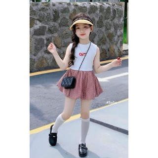 [B&G] Sét váy áo croptop kèm chân váy kẻ bồng đỏ cho bé gái dễ thương từ 10-45kg