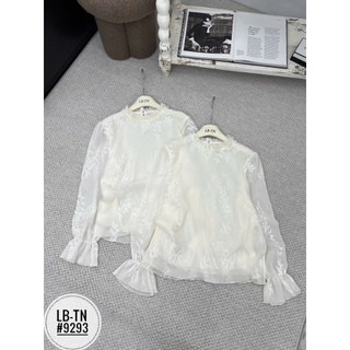 Áo sơ mi tơ dập li nhỏ cổ hoa cườm tay chun #9293