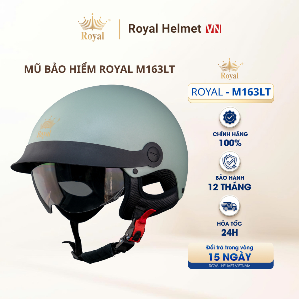 [FULL MÀU] Mũ Bảo Hiểm Nữa Đầu Royal M163LT Kính Đen, Nón 1/2 Nam Nữ Lưỡi Trai Và Kính Âm Chính Hãng