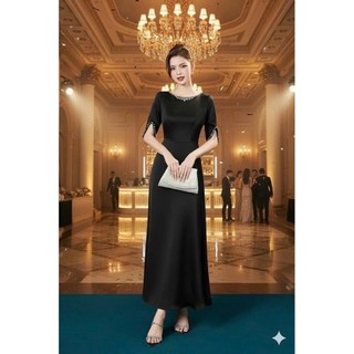 Đầm váy dạ hội trung niên xòe dáng dài đính đá cổ đá tay sang trọng hàng cao cấp mm 2026