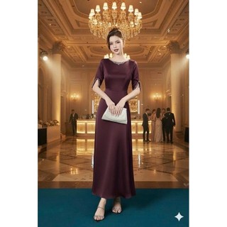 Đầm váy dạ hội trung niên xòe dáng dài đính đá cổ đá tay sang trọng hàng cao cấp mm 2026