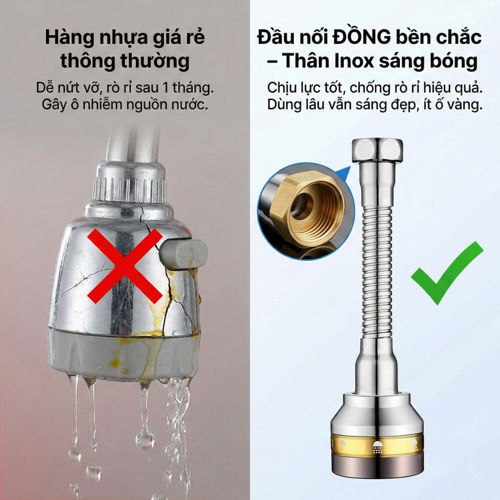 Đầu Vòi Rửa Bát Tăng Áp ĐỒNG THAU Inox 304 Cao Cấp - 3 Chế Độ Phun Cực Mạnh, Xoay 360 Độ