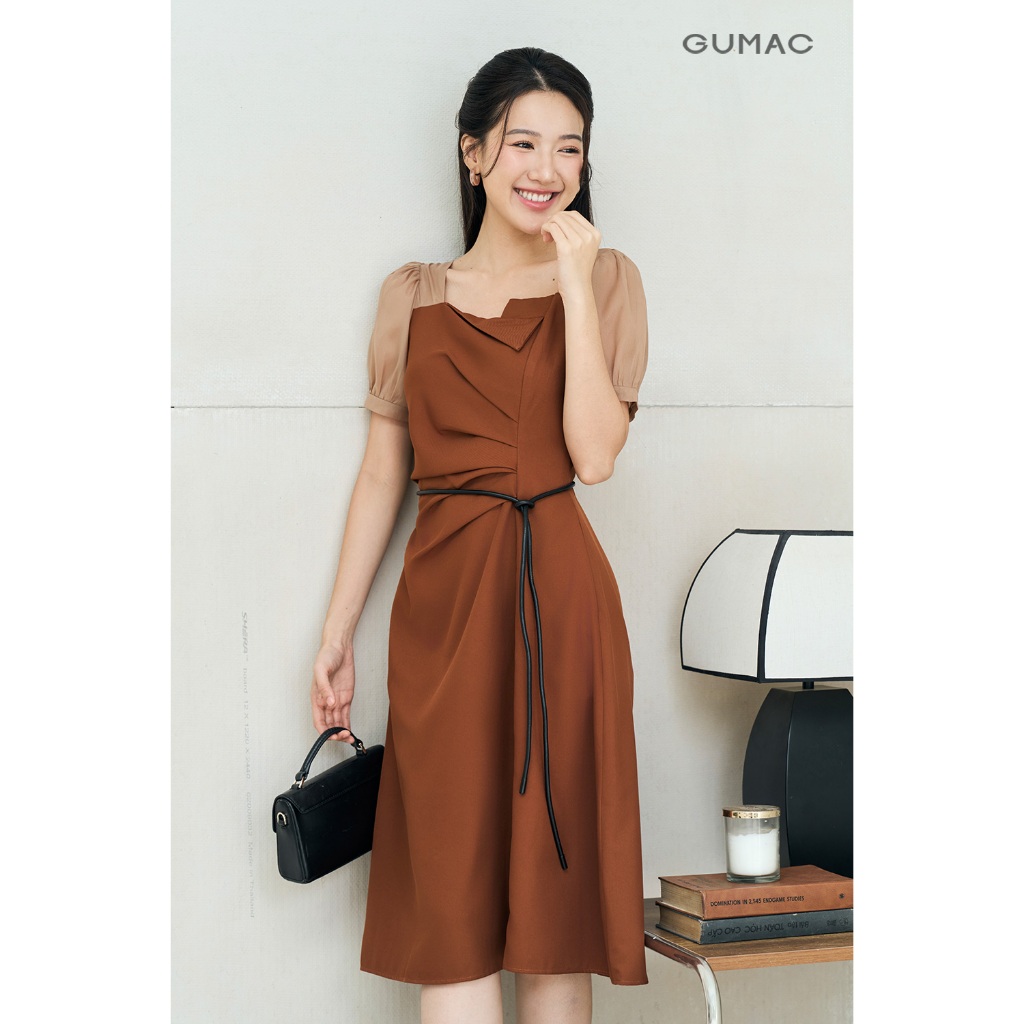 Đầm Nữ GUMAC Form A Xếp Ly Tay Phồng Phối Tơ Nữ Tính Hiện Đại LDE0701