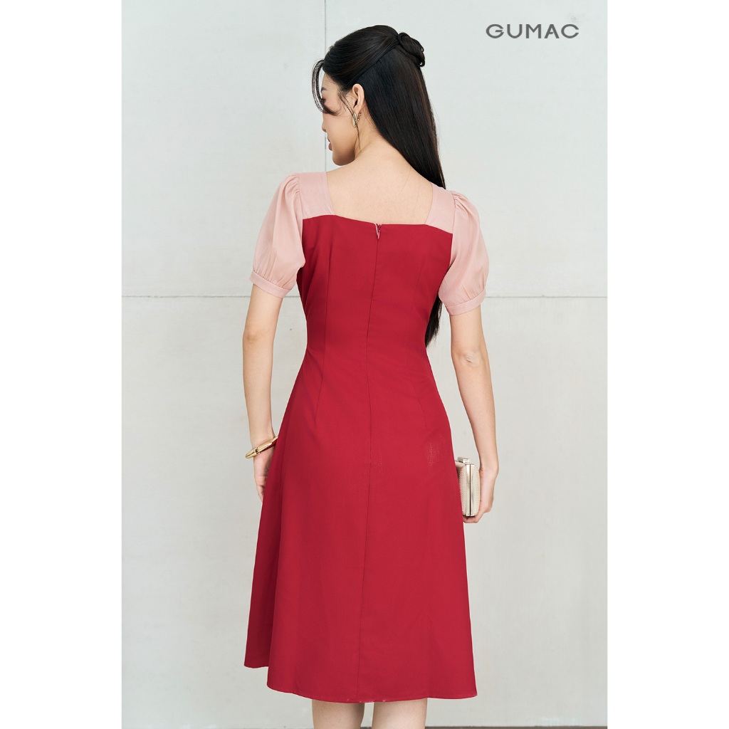 Đầm Nữ GUMAC Form A Xếp Ly Tay Phồng Phối Tơ Nữ Tính Hiện Đại LDE0701