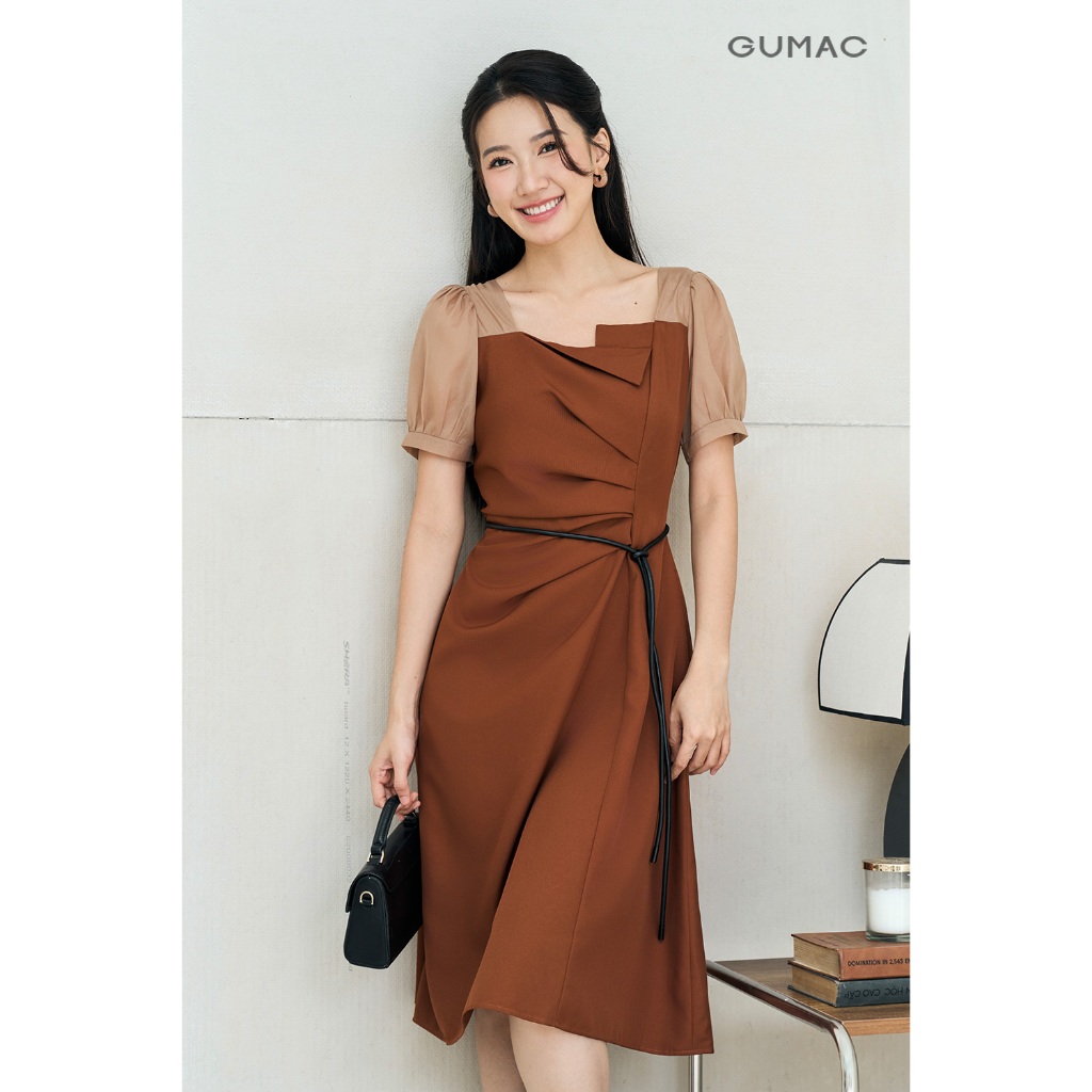 Đầm Nữ Dáng A Xòe GUMAC Thiết Kế Cổ Vuông Phối Tơ Xếp Ly Tay Phồng Thanh Lịch LDE0701