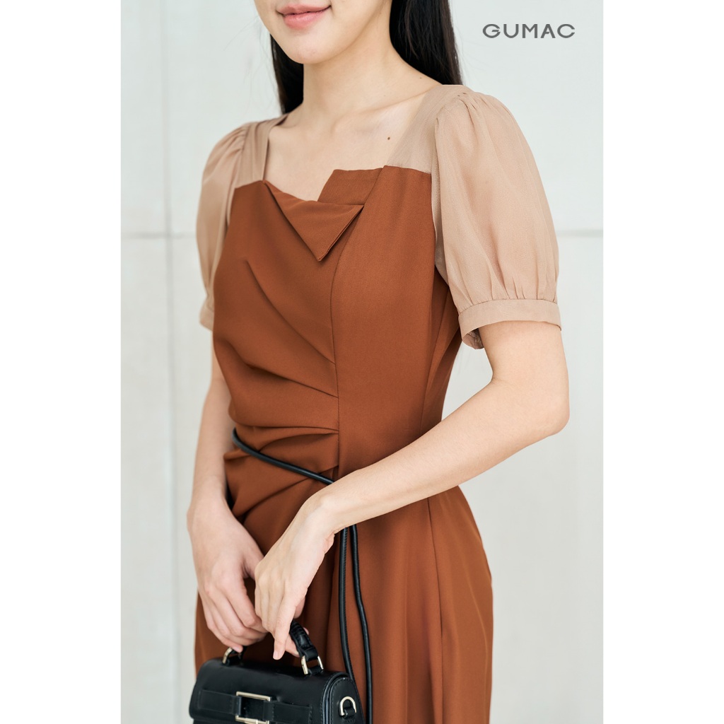 Đầm Nữ GUMAC Form A Xếp Ly Tay Phồng Phối Tơ Nữ Tính Hiện Đại LDE0701