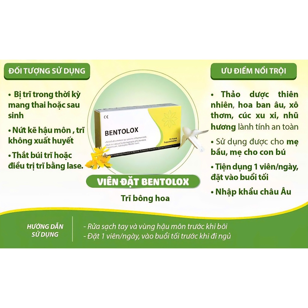 Bentolox - Hỗ trợ làm dịu và bảo vệ niêm mạc trực tràng dùng được cho phụ nữa mang thai hộp 10 viên