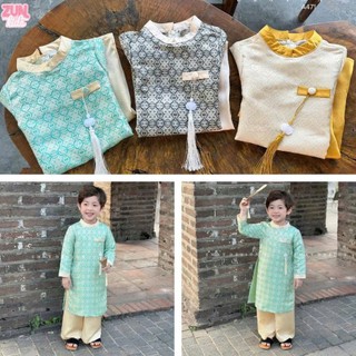 Bộ áo dài và quần dài Bé Trai Gấm A472 – Họa Tiết Cổ Điển, Cúc Bọc Gắn Chuông, Form Đứng