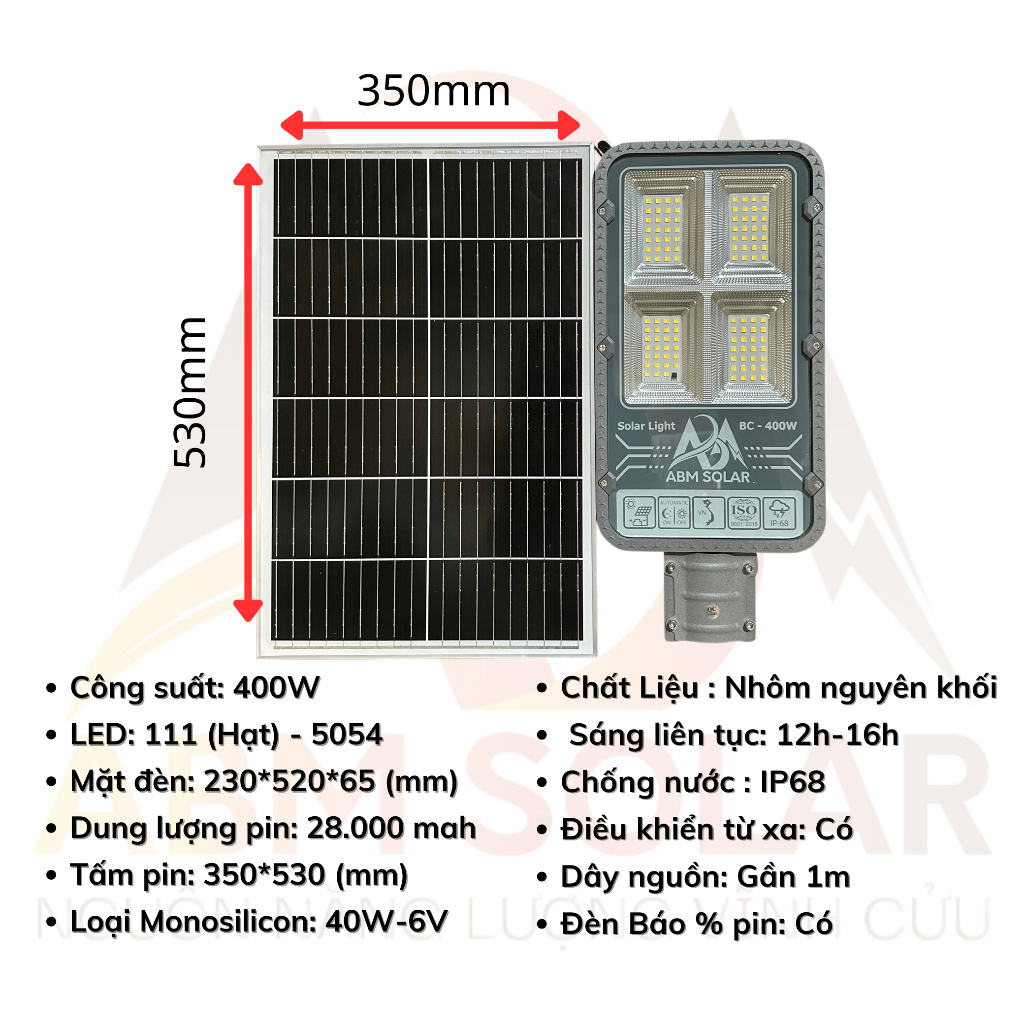 [400W PRO] Đèn Năng Lượng Mặt Trời Sân Vườn ABMSOLAR, Nhôm Đúc Nguyên Khối, Tấm Pin Mono , Đổi Màu LED