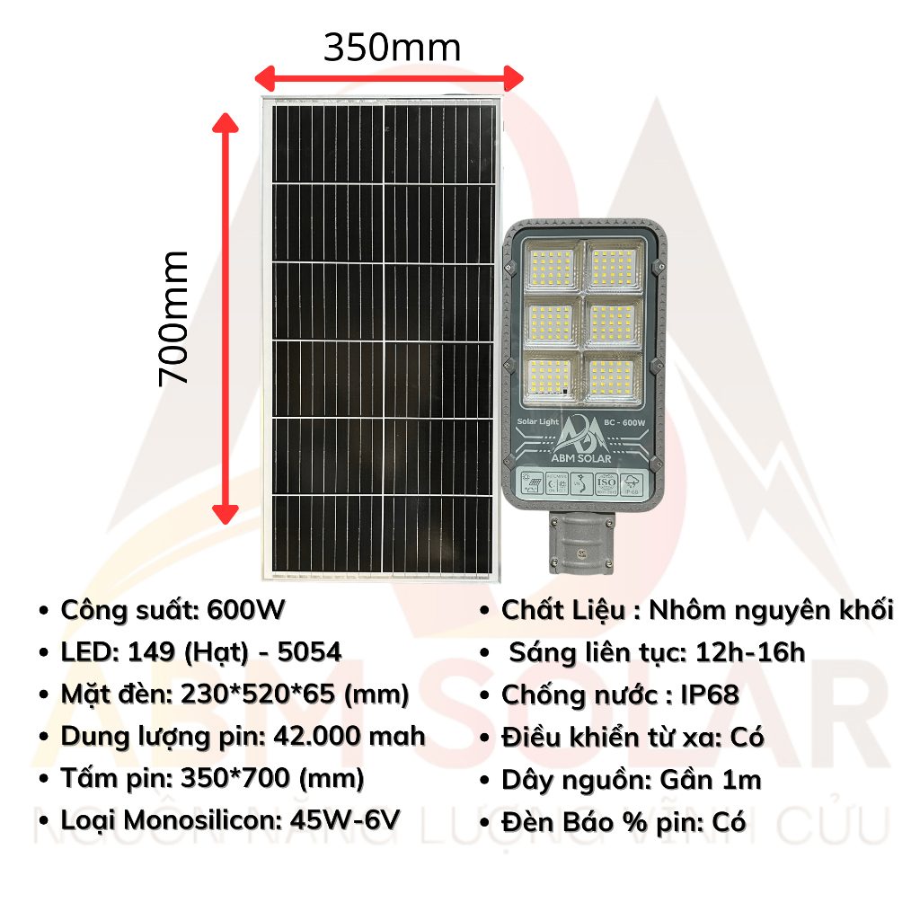 [600W PRO] Đèn Đường, Sân Vườn Năng Lượng Mặt Trời ABMSOLAR, Đổi 3 Màu LED, Chống Nước IP68, Vỏ Nhôm