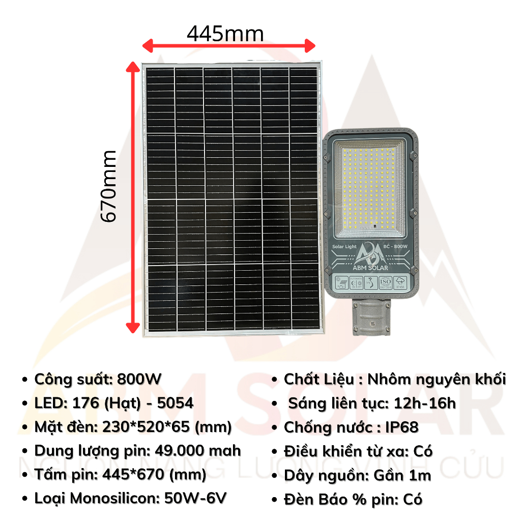 [800W] Đèn Năng Lượng Mặt Trời ABMSOLAR, Đổi 3 Màu Ánh Sáng ,Tấm Pin Mono, Vỏ Nhôm, IP68 Chống Nước