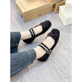 Giày bệt búp bê hai quai cài màu nâu kẻ xinh Q70